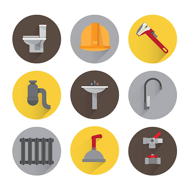illustrazioni stock, clip art, cartoni animati e icone di tendenza di set di icone di impianto idraulico - bathroom water pipe faucet sink
