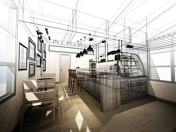 istock sketch design of coffee shop ,3dwire frame render 496485248
