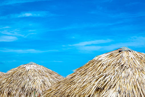 Thatched umbrellas at the beach on a beautiful summer day