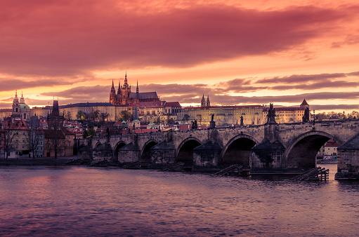 Prague, Czech Republic: Castle, Charles - Karluv Bridge and Vltava River in the beautiful sunset of 