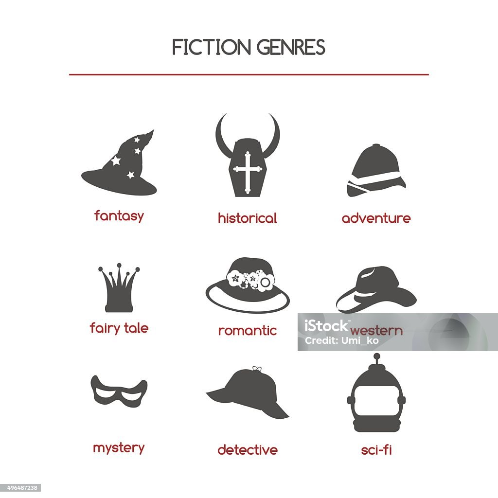 Set of fiction genre icons. Set of fiction genre icons. Features fantasy, historical, romantic fiction, adventure, detective story, fairy tale, western, mystery and science fiction. Book stock vector