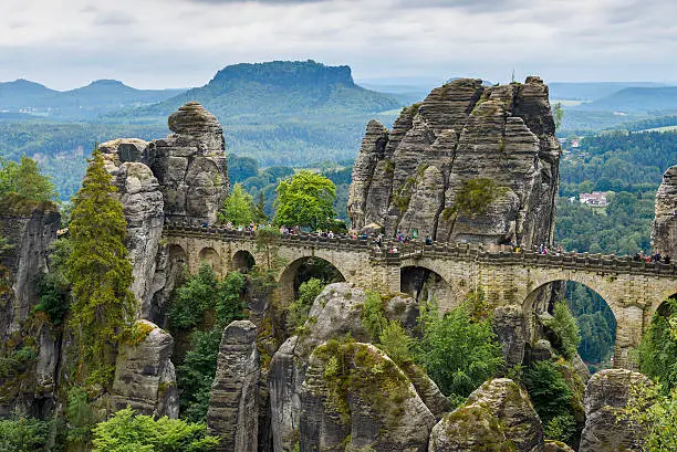 Bastei Bridge. View of the bridge from the cliff Ferdinand Stein. National park Saxon Switzerland. Tourist attraction