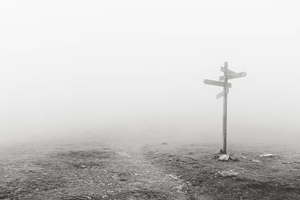 wooden signpost in the fog stock photo