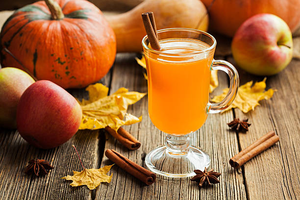 Hot apple cider healthy traditional winter christmas or thanksgiving holiday stock photo