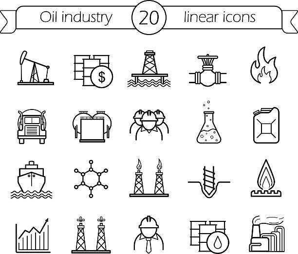 ilustrações de stock, clip art, desenhos animados e ícones de linear conjunto de ícones da indústria de petróleo - oil drum barrel fuel storage tank container