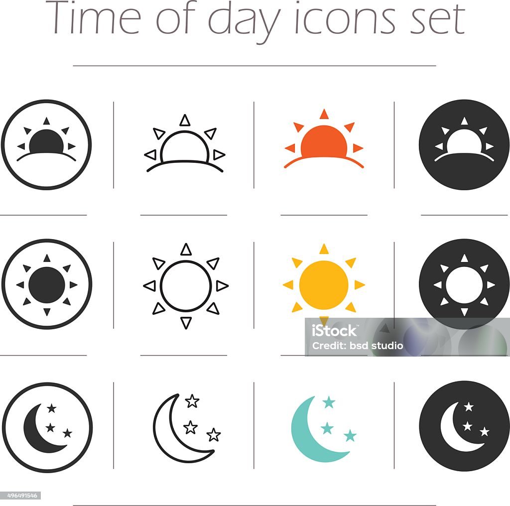 Time of the day simple icons set Time of the day simple icons set. Sunrise, sun, sunshine, moon and stars linear, color and silhouette vector symbols isolated on white  Night stock vector