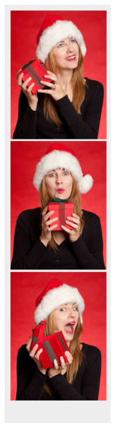 Woman In Christmas Photo Booth Holding Gift A film strip of 3 images of a woman in a Christmas photo booth wearing a santa hat and posing with a gift. cute id pictures stock pictures, royalty-free photos & images