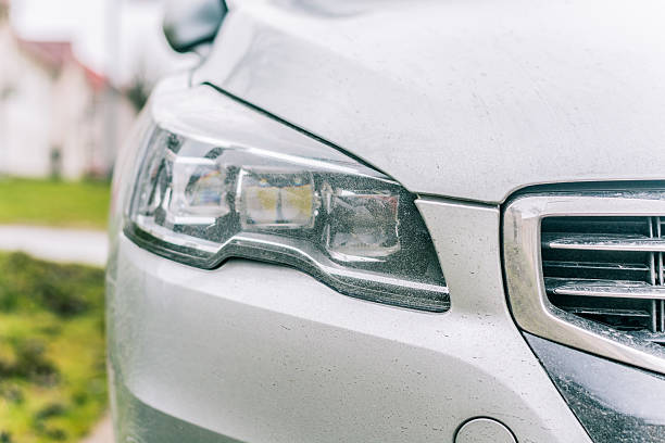 Close-up on a car headlight. Moder car exterrior. stock photo