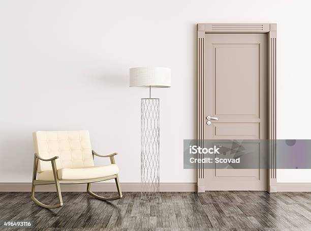 Interior With Door And Rocking Chair 3d Rendering Stock Photo - Download Image Now - Door, Indoors, Wood - Material