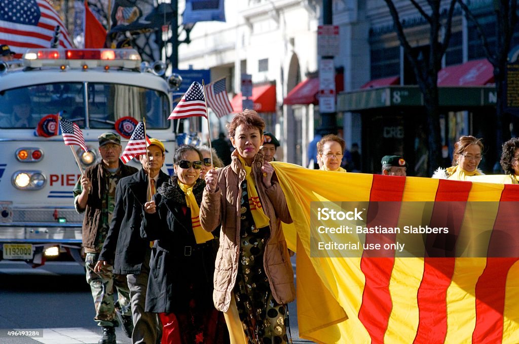 Vietnam Veterans at Inaugural Philly Veterans Parade Philadelphia, PA, USA- November 8, 2015: A delegation from the Veterans of the Republic of Vietnam of Greater Philadelphia is seen participating in the November 8, 2015 inaugural Philly Veterans Parade in Center City Philadelphia, PA.  (photo by Bastiaan Slabbers) Parade Stock Photo