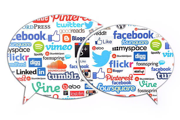 Social Media comments İstanbul, Turkey - November 10, 2015: Social media services icons on white paper, including YouTube, Facebook, Twitter, Pinterest, Instagram, Spotify, Vimeo, Foursquare, MySpace, Reddit, Digg, Google Plus, Last fm, Goodreads, SoundCloud; masked by speech bubble shapes.  pinterest stock pictures, royalty-free photos & images