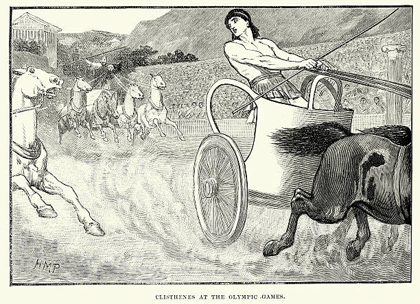 Ancient Greece - Cleisthenes at the Olympic Games Vintage engraving of Cleisthenes of Sicyon racing a chariot at the Olympic Games chariot racing stock illustrations