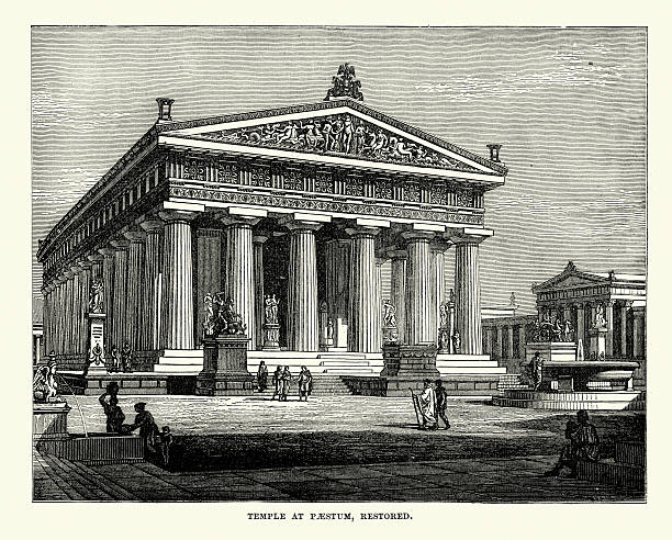 Ancient Greece - Second Temple of Hera (Paestum) Vintage engraving of Second Temple of Hera a Greek temple found at Paestum, on the coast of the Tyrrhenian Sea in Magna Graecia (Italy). greco stock illustrations