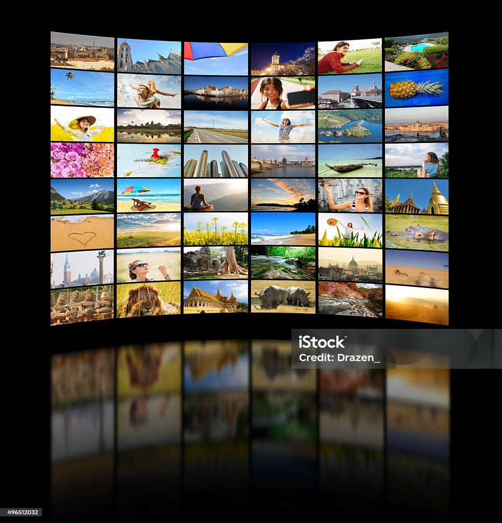 Set of travel, nature and lifestyle images in media concept Collection of different lifestyle, travel, nature and leisure images on large TV screen with 36 screens and 36 different scenes.  Reality TV Stock Photo