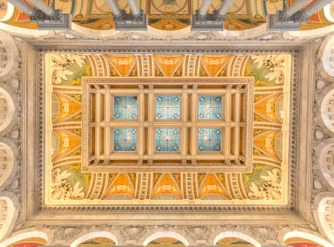 Ceiling detail of the U.S. Library of Congress Jefferson Building Great Hall on Capitol Hill in Washington, DC.