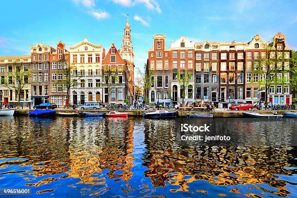 Canal Houses Of Amsterdam With Reflection Stock Photo - Download Image Now - Amsterdam, Canal, Summer