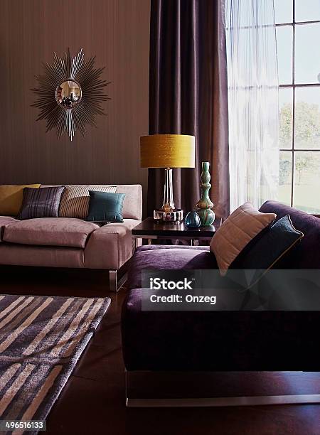 Interior Of Three Seater Sofa In Living Room Stock Photo - Download Image Now - Dark, Sofa, Sunlight