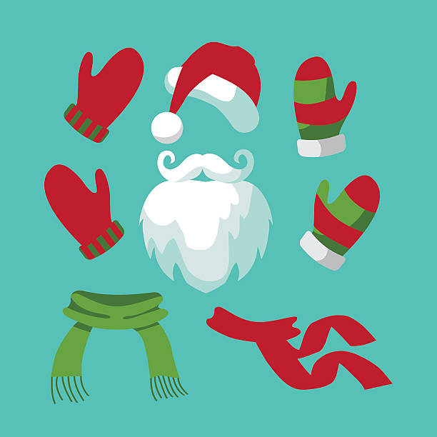ilustrações de stock, clip art, desenhos animados e ícones de coleção de divertido santa chapéu e bigode, barba, lenços de pescoço - scarf hat green glove