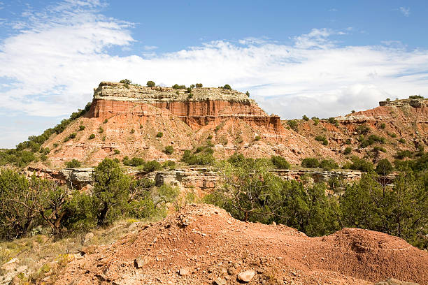 Palo Duro Canyon located in west Texas is the second largest canyon in the US and is sometimes referred to as the Grand Canyon of Texas.  Rock formations including caves and hoodoos provide for this dramatic landscape.