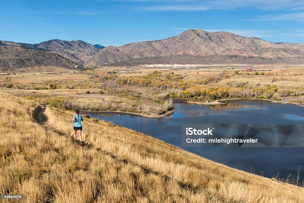 Young woman trail runs Bear Creek Lake Colorado Rocky Mountains During a bright fall morning in the grasslands of Bear Creek Lake Park, a young woman with a pony tail runs through the tall golden grasses past the lake towards Mount Morrison and Red Rocks Park and Ampitheater in the the distance, Morrison, Colorado. Lake Stock Photo