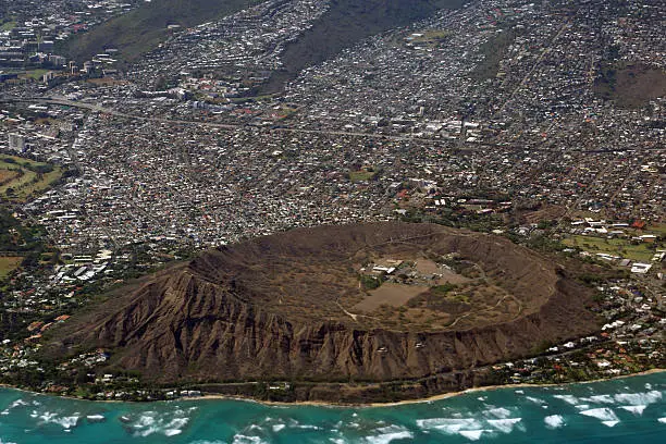 Aerial view of Diamondhead, Kapahulu, Kahala, Pacific ocean on Oahu, Hawaii. June 2015.