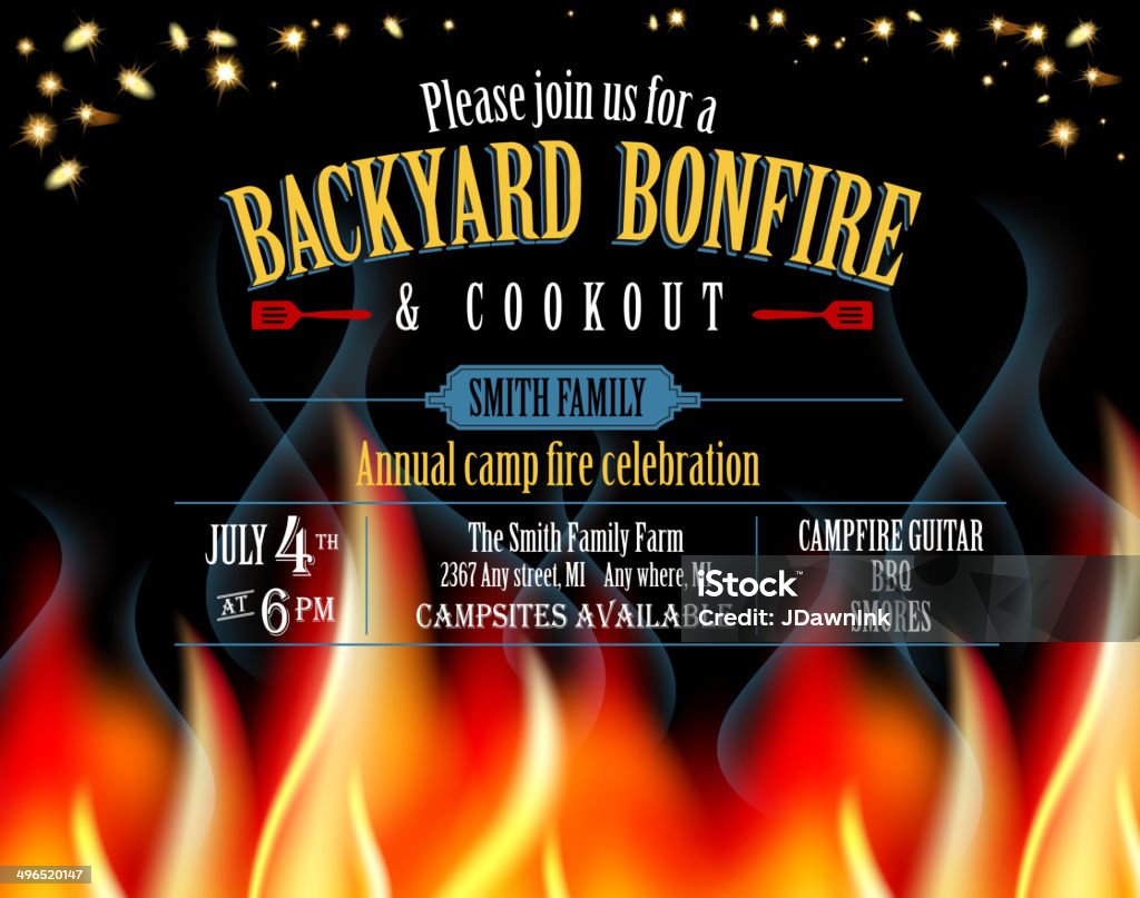 Horizontal Backyard Bonfire and cookout invitation design template Backyard Bonfire and cookout invitation design template Invitation stock vector