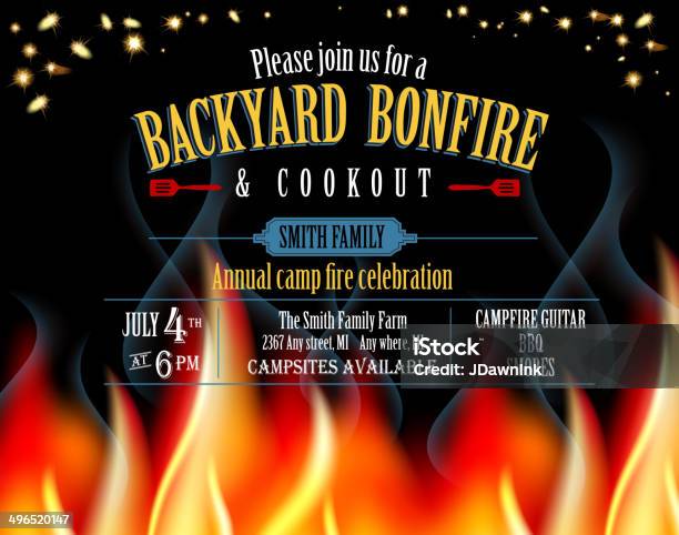 Horizontal Backyard Bonfire And Cookout Invitation Design Template Stock Illustration - Download Image Now