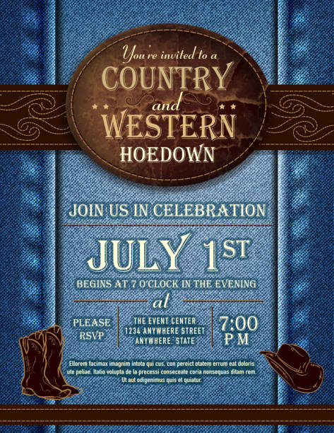 ilustrações, clipart, desenhos animados e ícones de country e western hoedown denim e couro modelo de design de convite - cowboy cowboy hat hat summer