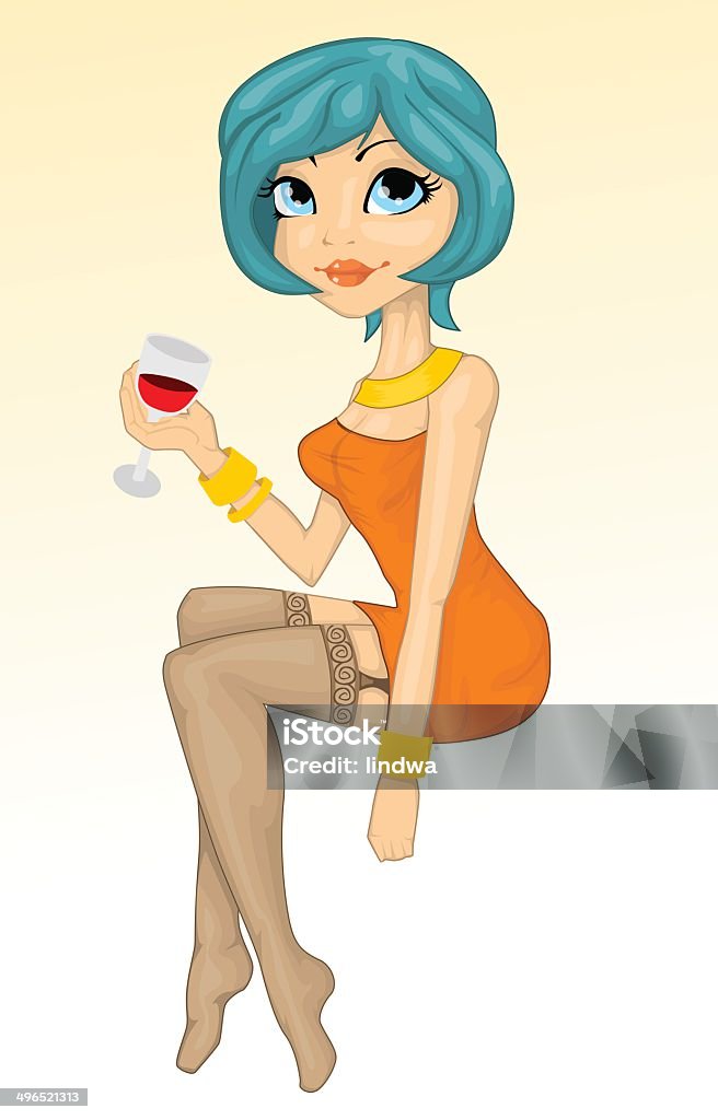 Мультяшный девочка, держа бокал красного вина - Векторная графика Векторная графика роялти-фри