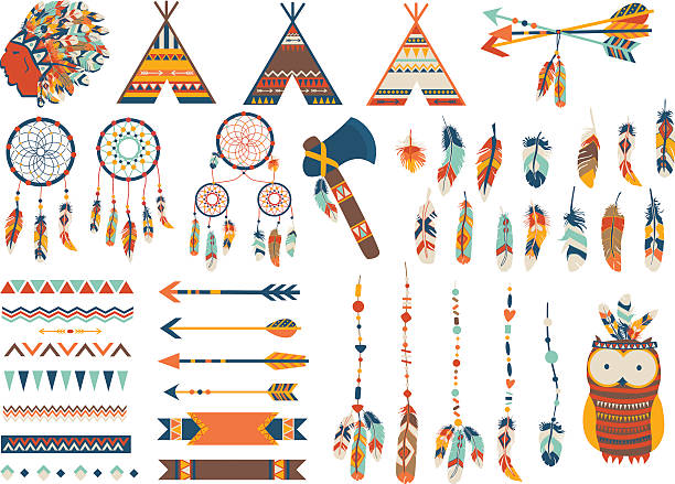 pfeile, indische elemente, aztec ornamente, geometrische ethnischen vektor. flache grafik. - dreamcatcher stock-grafiken, -clipart, -cartoons und -symbole