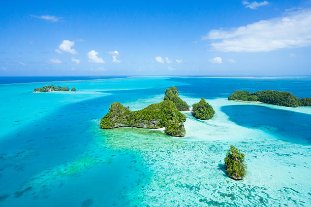 Tropical island paradise from above, Palau, Micronesia Aerial view of lush green tropical islands, coral reef and clear blue water, Palau, Micronesia pacific islands stock pictures, royalty-free photos & images