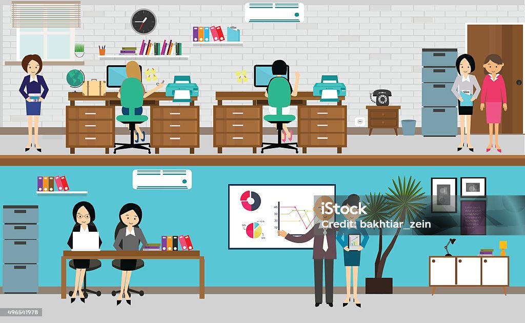 people working at office in flat vector illustration busy teamwork people working at office in flat vector illustration busy teamwork at desk computer standing presentation drawing 2015 stock vector