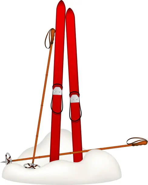 Vector illustration of Old wooden skis and old ski poles standing in snow