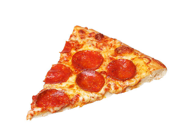 slice of fresh italian classic original pepperoni pizza isolated - een stuk taart stockfoto's en -beelden