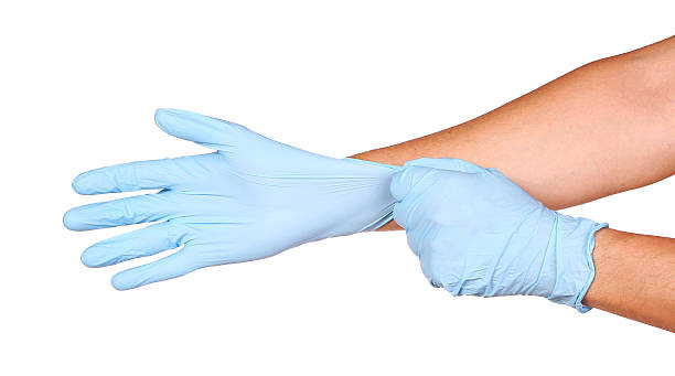 istock Doctors hands putting in nitrile exam blue latex gloves isolated 496547578