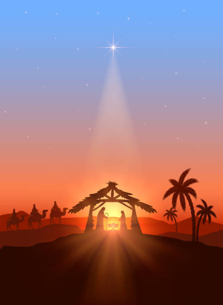 Christian Christmas background Christian Christmas background with shining star, birth of Jesus, illustration. new years baby stock illustrations