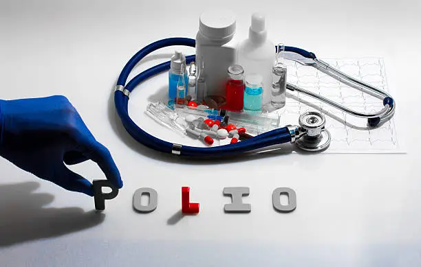 Diagnosis - Polio. Medical concept with pills, injection, stethoscope, cardiogram and a syringe