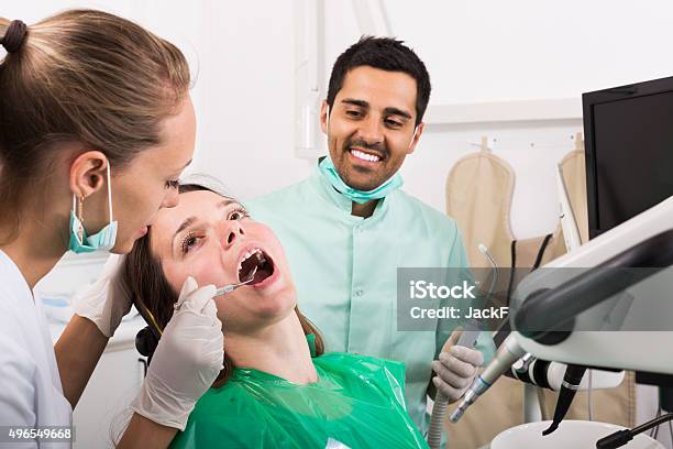 Patient Checking Out Her Teeth At Dentist Stock Photo - Download Image Now - 2015, 25-29 Years, Adult