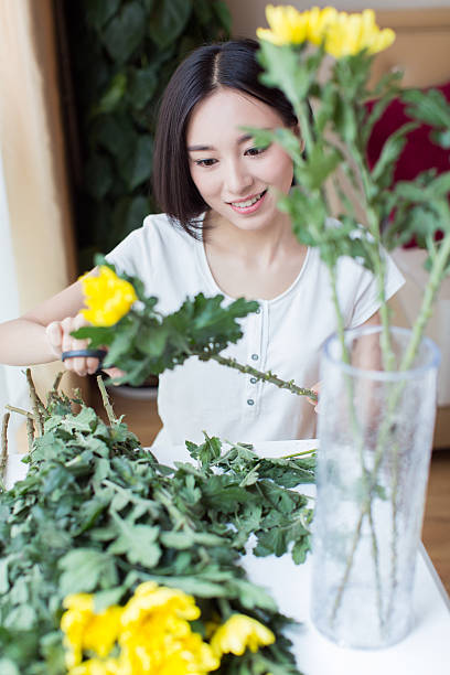 girl trimming flowers stock photo