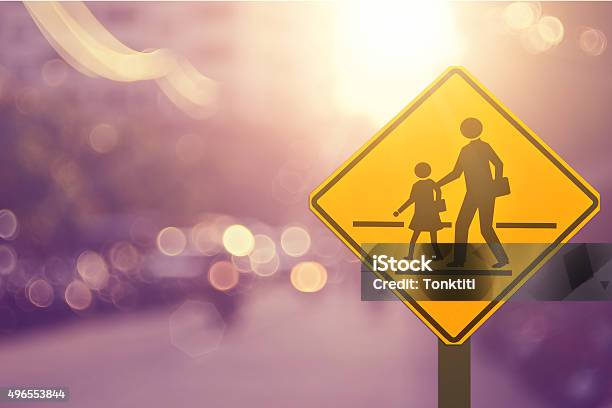 School Signtraffic Sign Road On Blur Road Abstract Background Stock Photo - Download Image Now