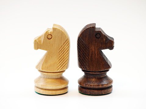 Black and white chess horses standing in opposition.