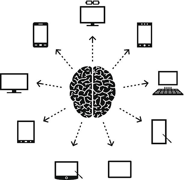 Thinking About Smart Devices Conceptual illustration representing a brain surrounded by smart devices. satellite phone stock illustrations