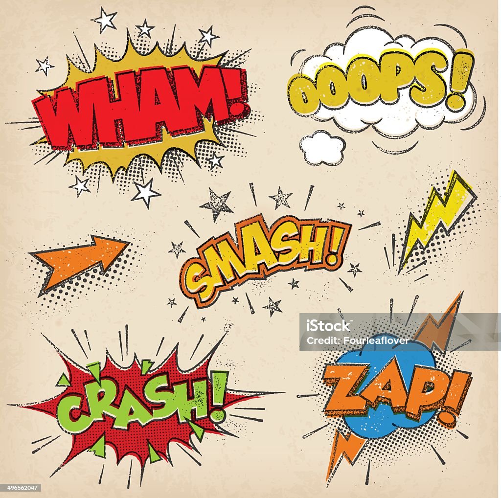 Comic Sound Effects with Grunged Style Set2 Collection of four multicolored comic sound Effects with a grunged Print Style Cartoon stock vector