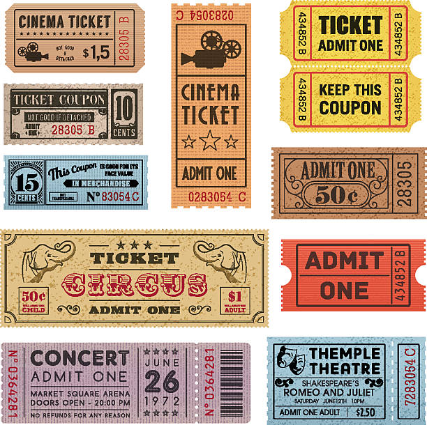 Grunge Tickets Collection 1 A collection of 11 vector grunted Tickets, Vector file is organized with layers, with every ticket divided into 3 layers, separating Background Shape from the texture effect and text. cinema ticket stock illustrations