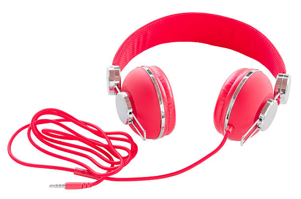 istock Vibrant red wired headphones isolated 496565179