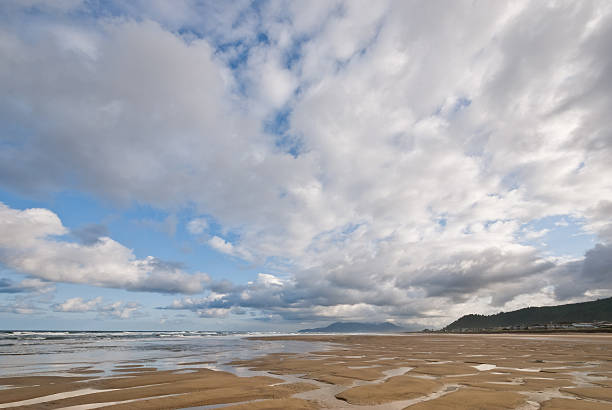 Pacific Ocean Beach at Low Tide Low tide at the Pacific Ocean often leaves a pattern in the sand. Combine that with the ocean clouds and it makes for a very pretty scene. This picture was taken in the early morning at Rockaway Beach near Tillamook, Oregon, USA. jeff goulden oregon coast stock pictures, royalty-free photos & images