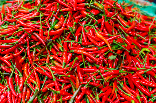 The picture shows a pile of small, red, very hot and spicy chilli peppers on an asian market.