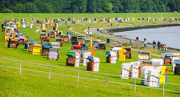 Beautiful long beach with typical northsea beachchairs in Cuxhaven, Germany