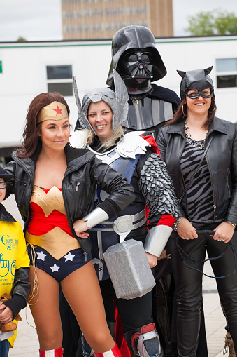 Halifax, Nova Scotia, Canada - June 7, 2014: At the Relay for Life, a number of individuals are dressed up as various pop-culture figures including Wonder Woman, Thor, Darth Vader, and Catwoman.  The Relay for Life is an annual 12-hour fundraising event to support the Canadian Cancer Society.