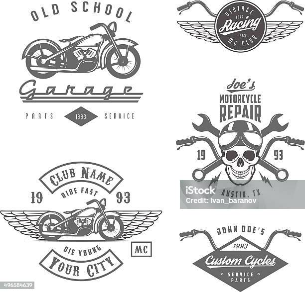 Satz Von Retro Motorrad Etiketten Abzeichen Und Designelemente Stock Vektor Art und mehr Bilder von Helm